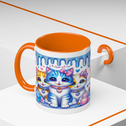 Cute Kawaii Cats Coffee Mug - "Life is Better with Cats" Accent Mug