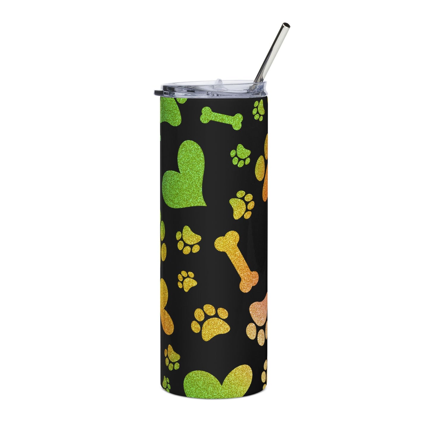 20oz Paw Print Stainless Steel Tumbler — Colorful Hearts, Paws & Bones Travel Cup