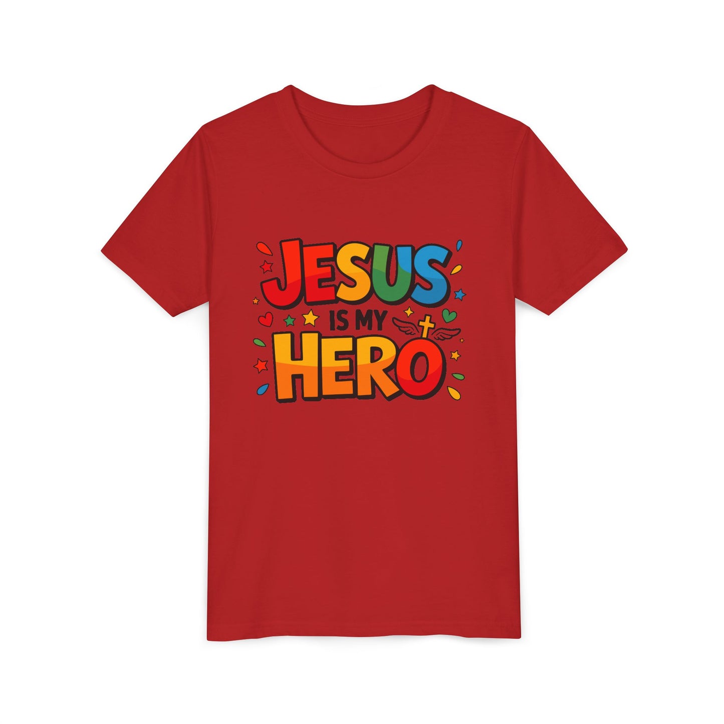 Youth Tee — "Jesus Is My Hero" Colorful Kids Christian T-Shirt