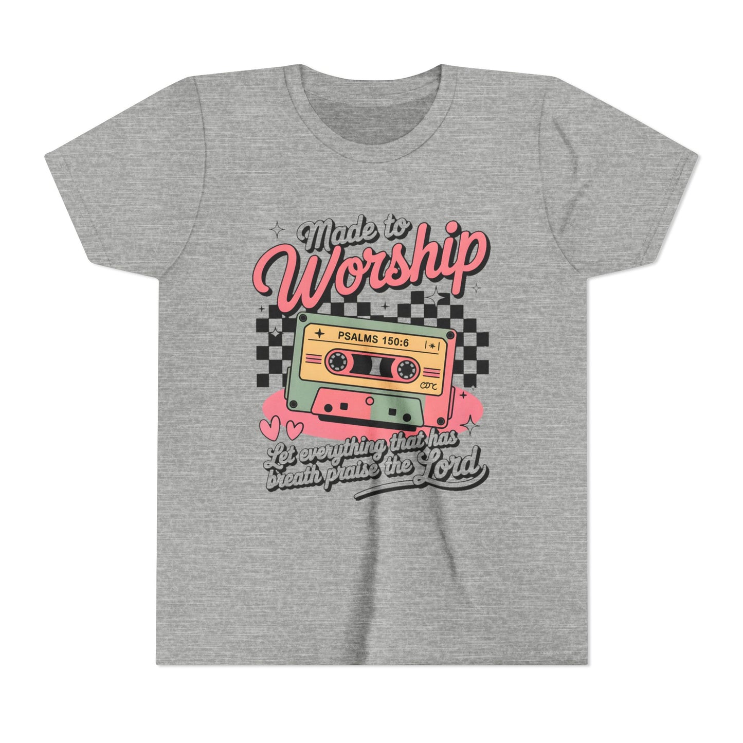 Made to Worship Youth Tee – Retro Cassette Christian Kids Shirt (Psalms 100:4)