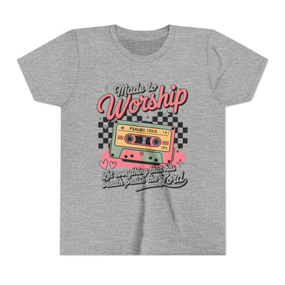 Made to Worship Youth Tee – Retro Cassette Christian Kids Shirt (Psalms 100:4)