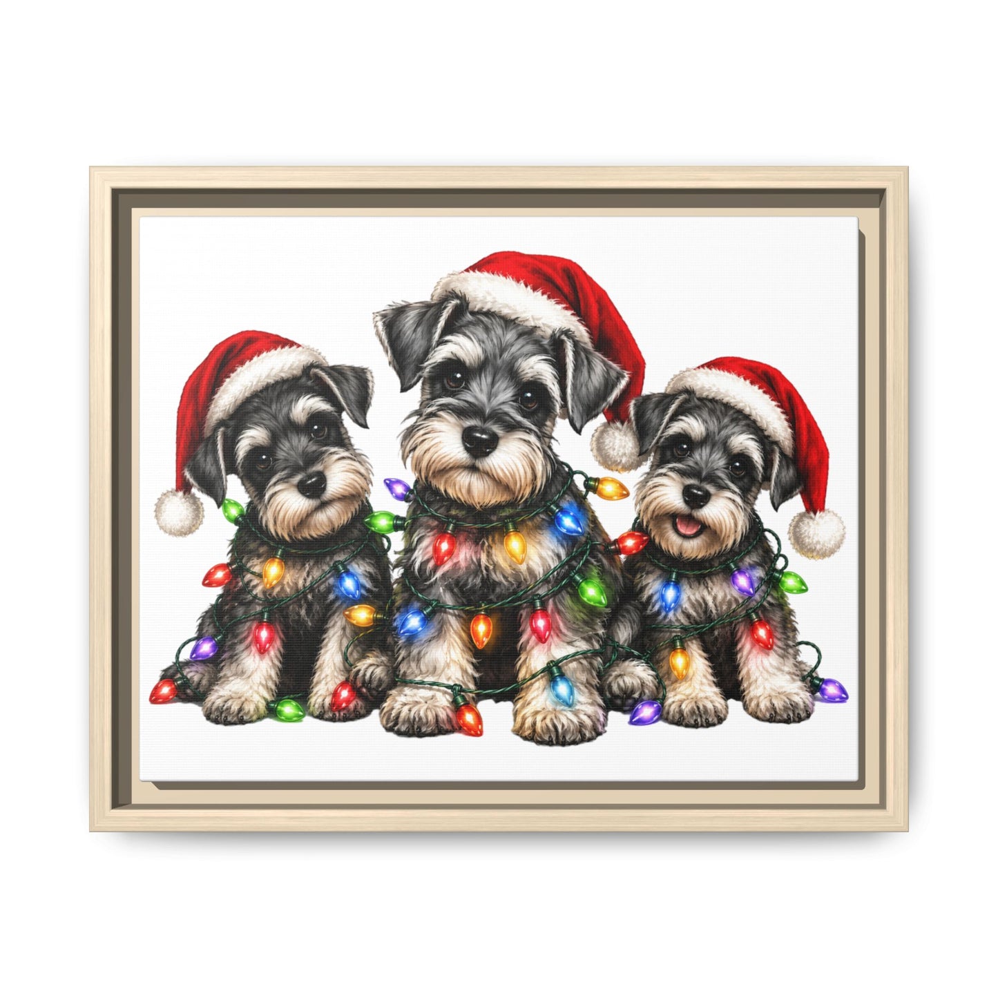 Christmas Schnauzer Canvas Print — Festive Puppies in Santa Hats (Matte Framed)