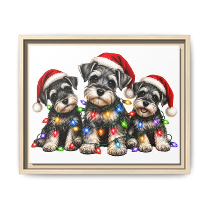 Christmas Schnauzer Canvas Print — Festive Puppies in Santa Hats (Matte Framed)