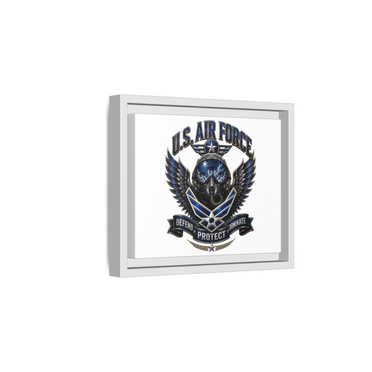 U.S. Air Force Emblem Framed Canvas Print – "Defend Protect Dominate" Military Wall Art