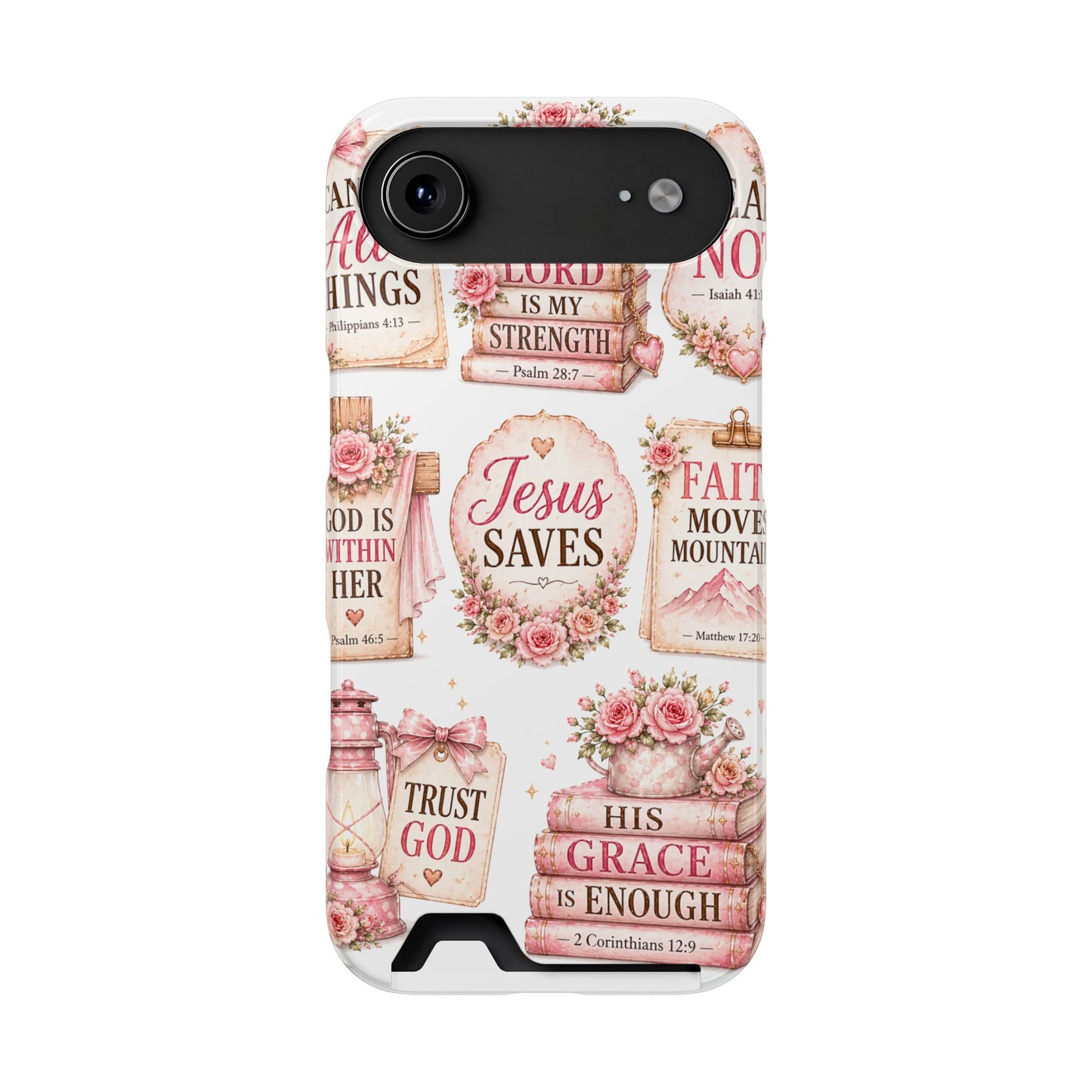 Christian Phone Case with Card Holder — 'Jesus Saves' Floral Scripture Design