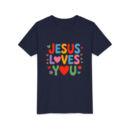 Youth Tee - "Jesus Loves You" Colorful Heart & Flower Christian Shirt
