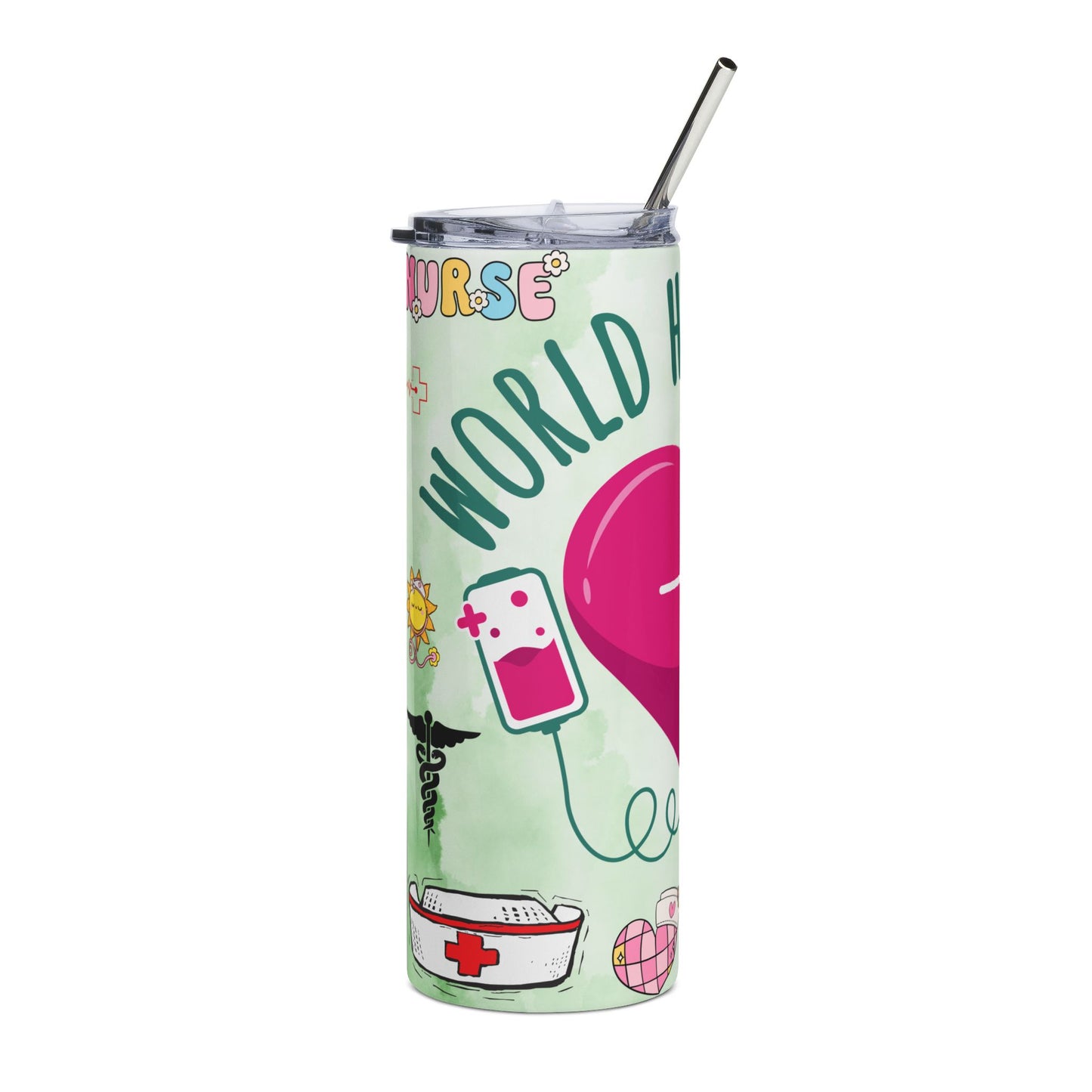 Nurse World Health Day Stainless Steel Tumbler — 20oz Medical Heartbeat Travel Cup