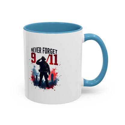 Never Forget 9/11 Accent Coffee Mug — Patriotic Memorial Tribute (11oz, 15oz)