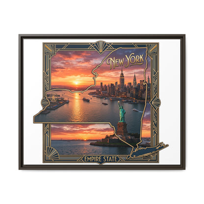 Framed Matte Canvas Wall Art — New York City Sunset Skyline with Statue of Liberty