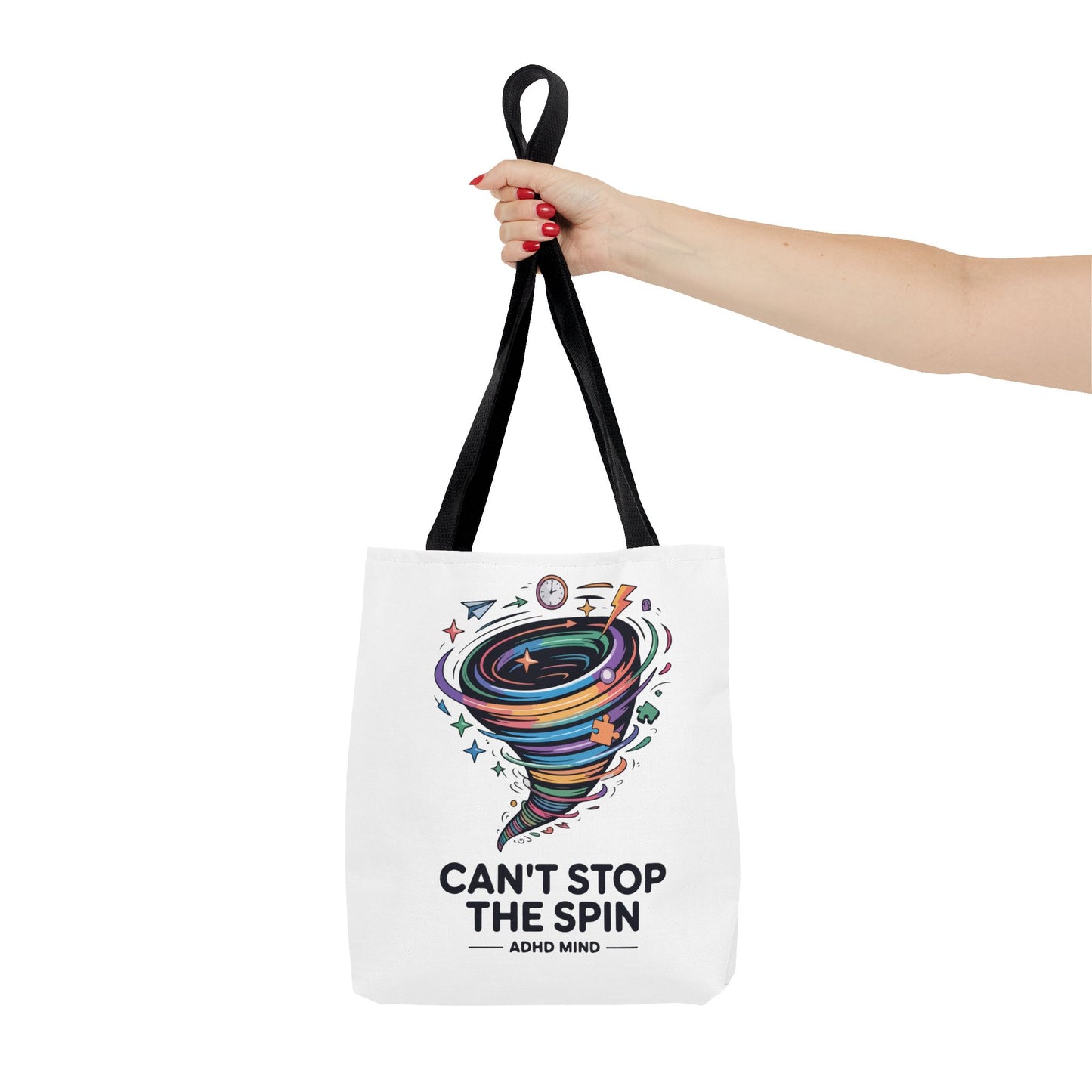 Tote Bag — “Can’t Stop The Spin” ADHD Mind Colorful Tornado Tote