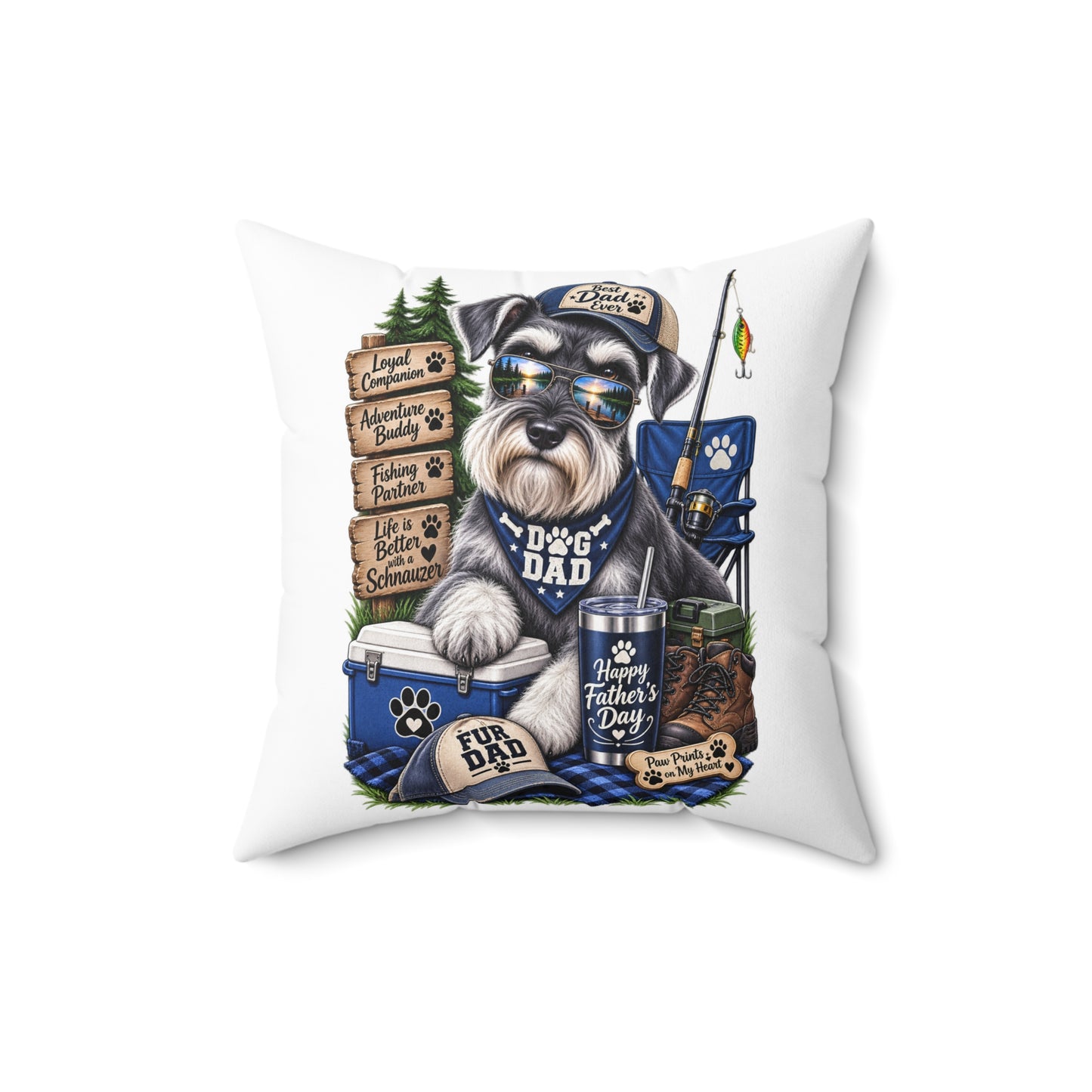 Dog Dad Fishing Schnauzer Pillow - Outdoor Camper Pet Lover Accent Pillow