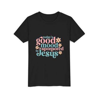 Youth Tee – "Today's Good Mood is Sponsored by Jesus" Retro Floral Christian Shirt