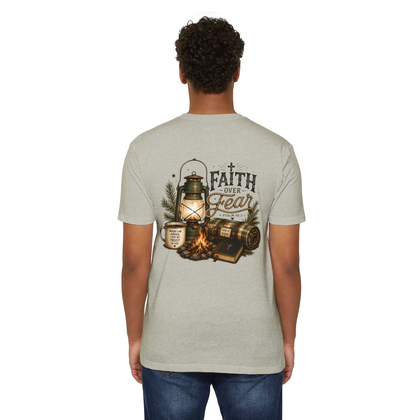 Faith Over Fear T-Shirt — Christian Camping Lantern & Bible Graphic