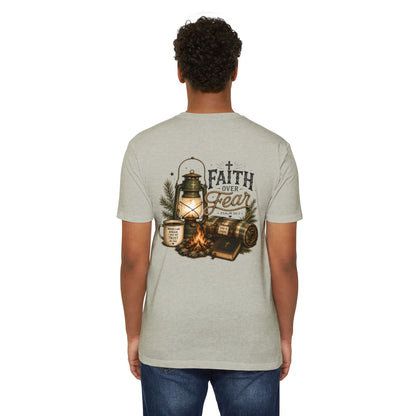 Faith Over Fear T-Shirt — Christian Camping Lantern & Bible Graphic