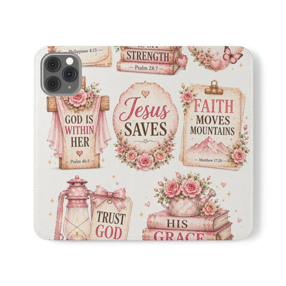 Christian Floral Phone Flip Case — "Jesus Saves" & Inspirational Scripture Wallet Cover