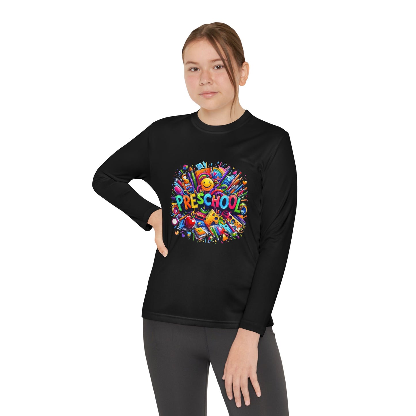 Youth Preschool Long Sleeve Tee - Colorful School Supplies Design