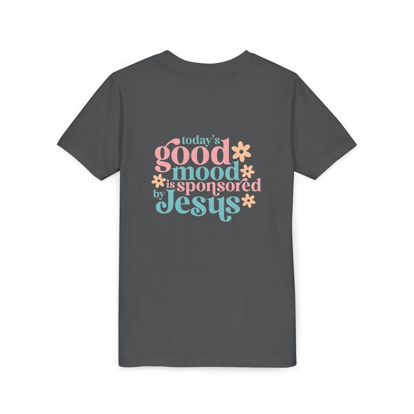 Youth Tee – "Today's Good Mood is Sponsored by Jesus" Retro Floral Christian Shirt