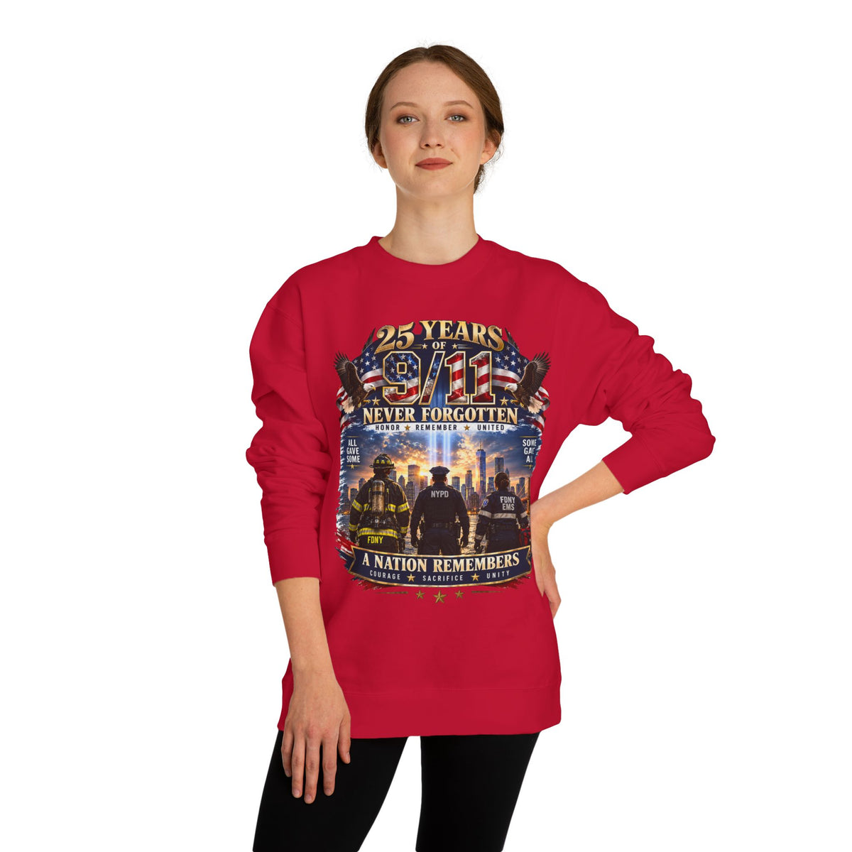 9/11 Never Forgotten Crewneck Sweatshirt — 25 Years Memorial Tribute