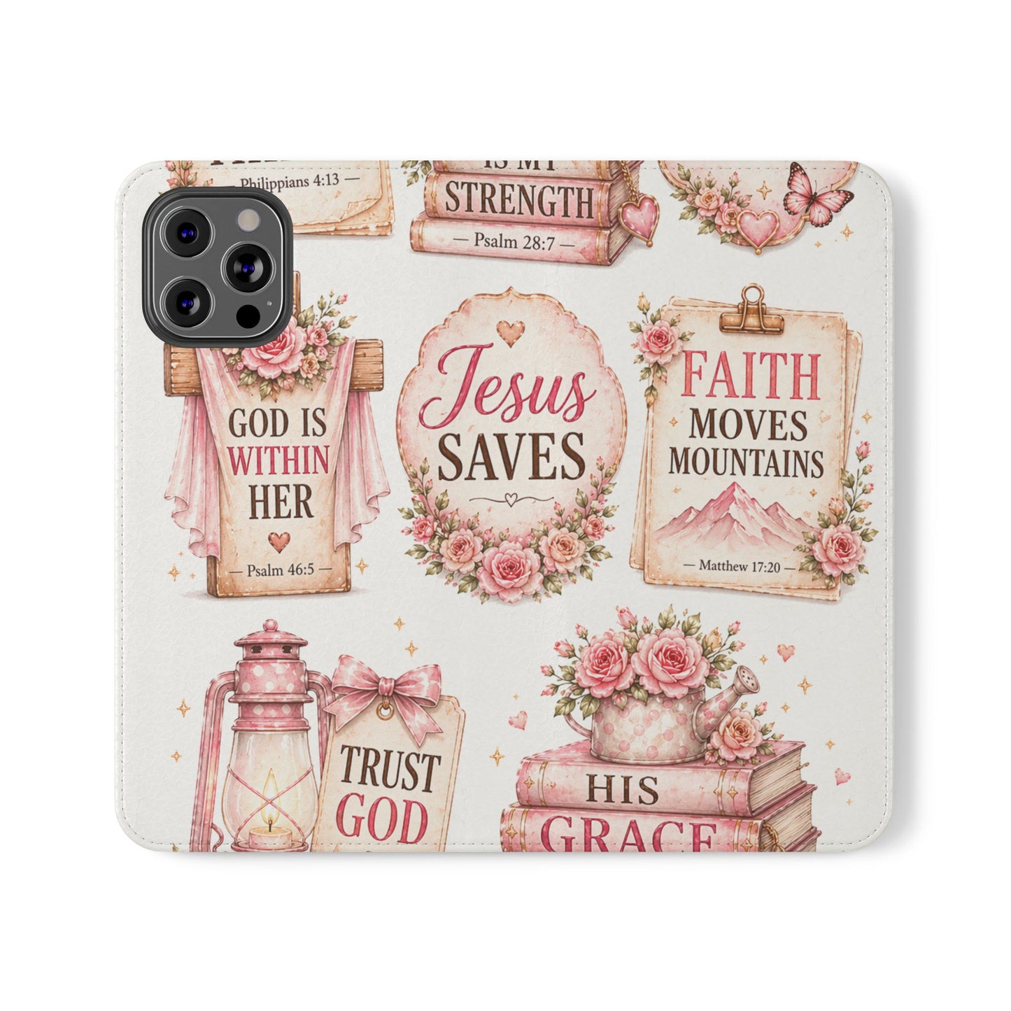 Christian Floral Phone Flip Case — "Jesus Saves" & Inspirational Scripture Wallet Cover