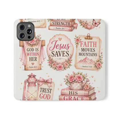 Christian Floral Phone Flip Case — "Jesus Saves" & Inspirational Scripture Wallet Cover