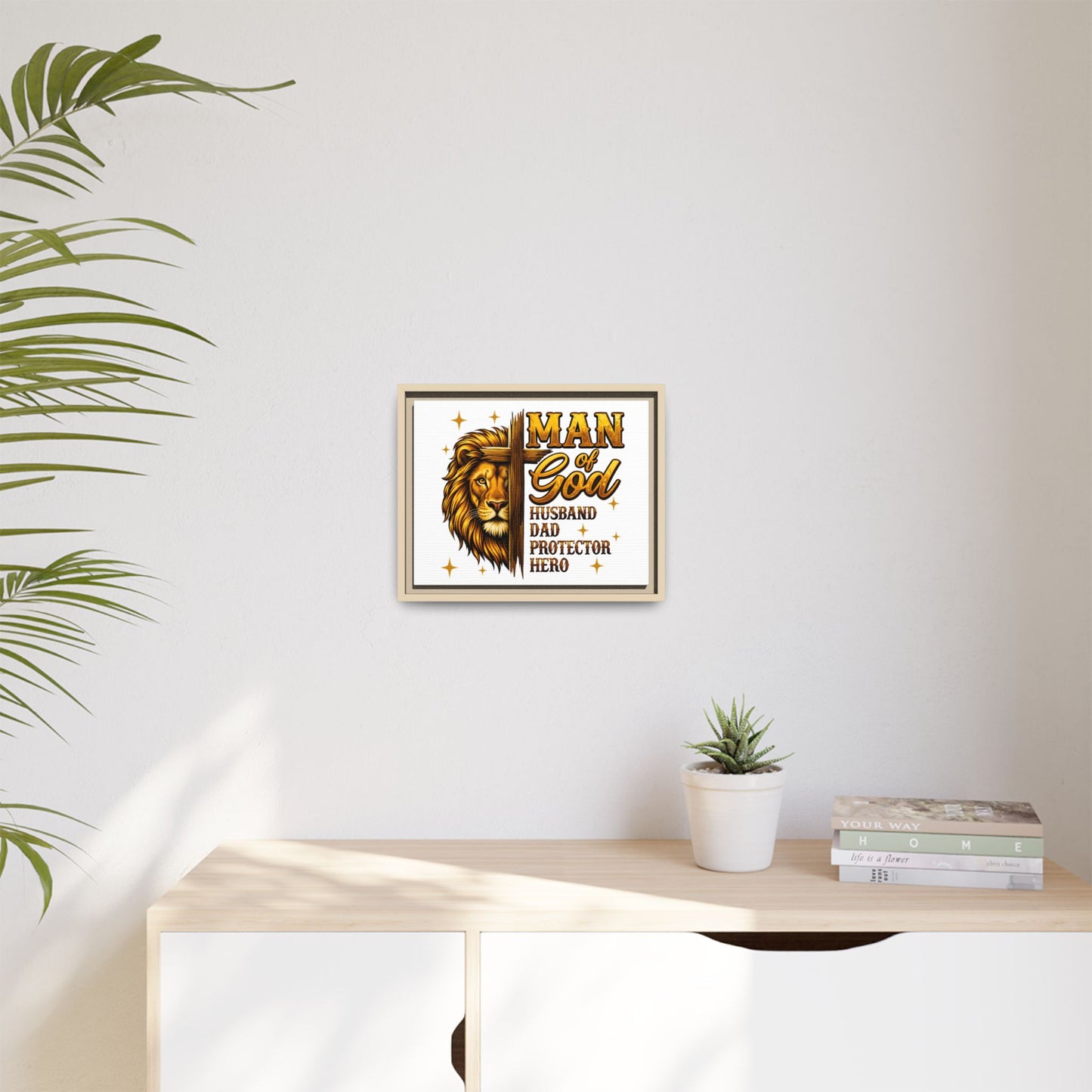 Man of God Framed Canvas Art — 'Man of God: Husband, Dad, Protector, Hero' Religious Wall Decor