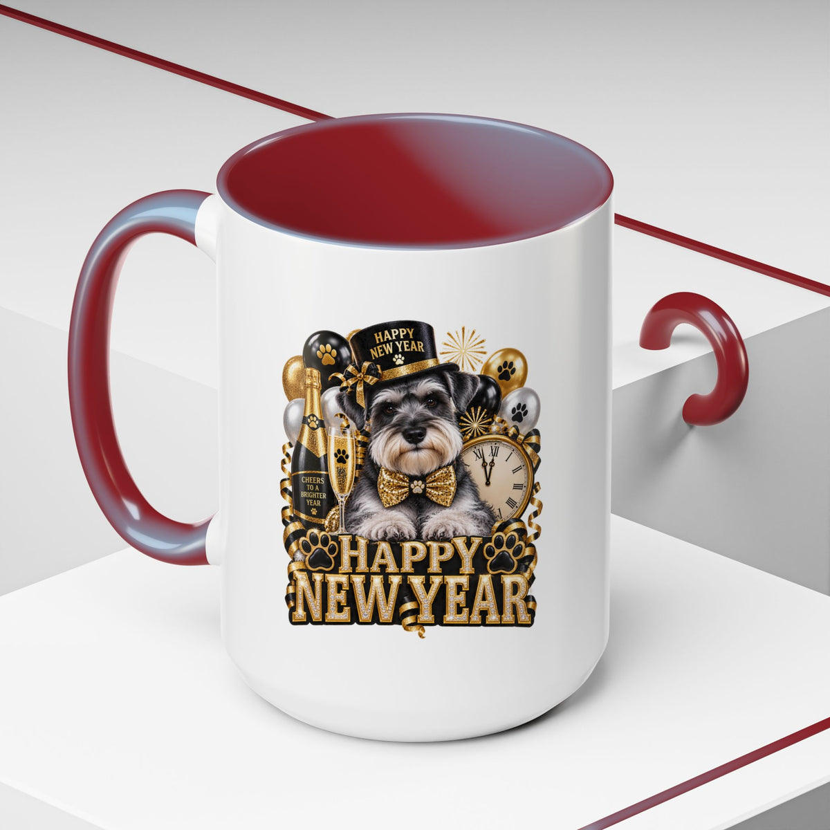 Happy New Year Dog Coffee Mug — Festive Black & Gold 11/15oz Accent Mug