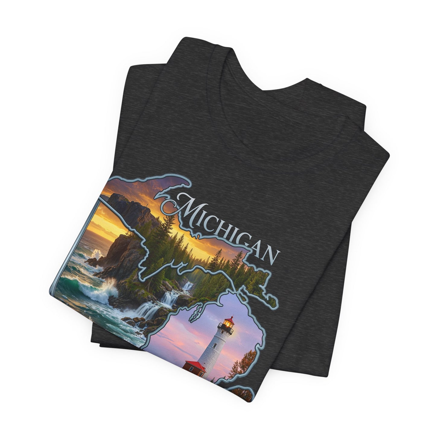 Michigan Scenic Map T-Shirt — Great Lakes Lighthouse Sunset Tee