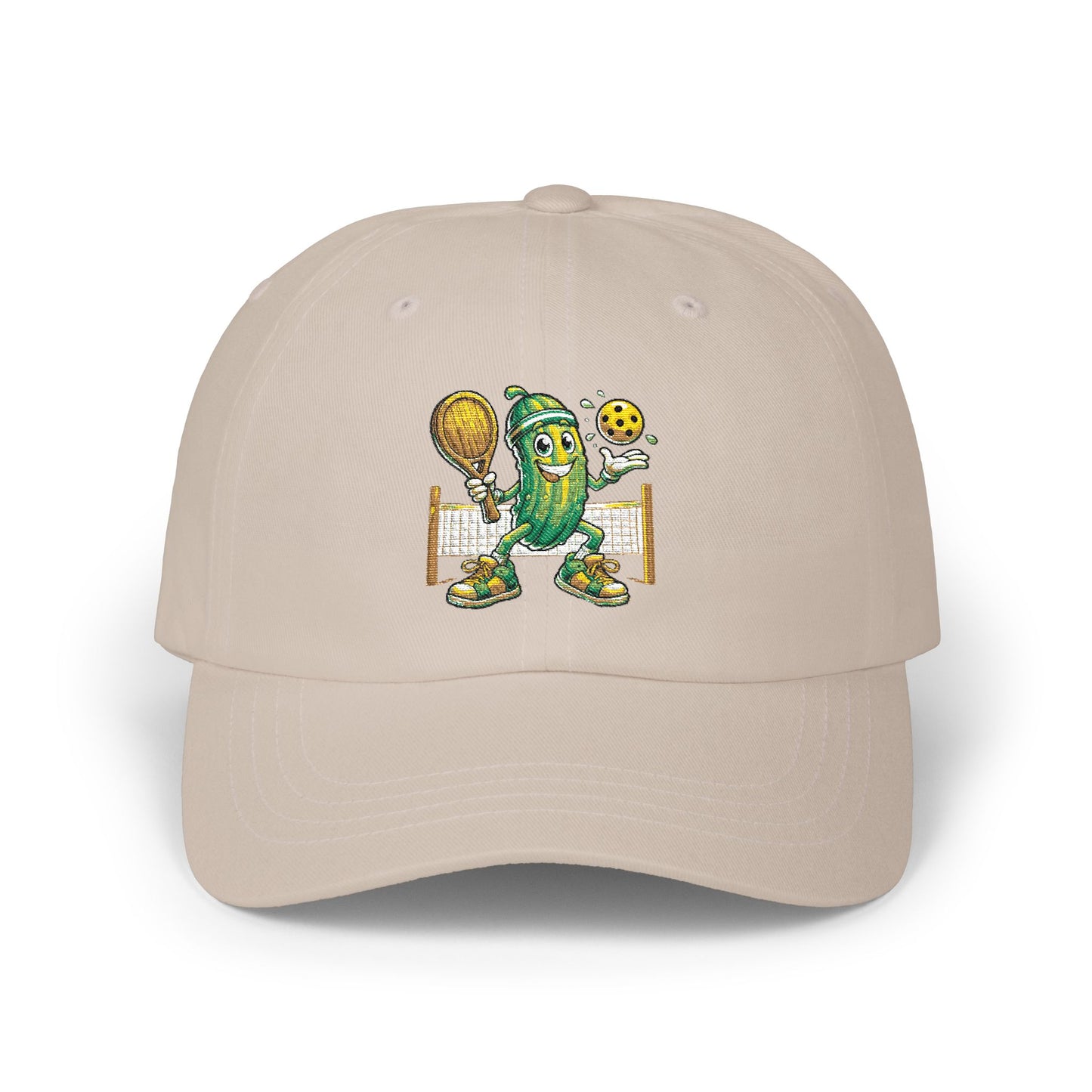 Pickleball Pickle Dad Cap — Retro Pickle Character Embroidered Baseball Hat