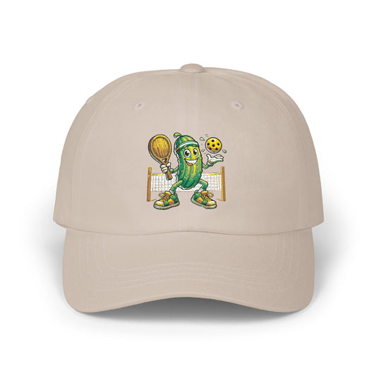Pickleball Pickle Dad Cap — Retro Pickle Character Embroidered Baseball Hat