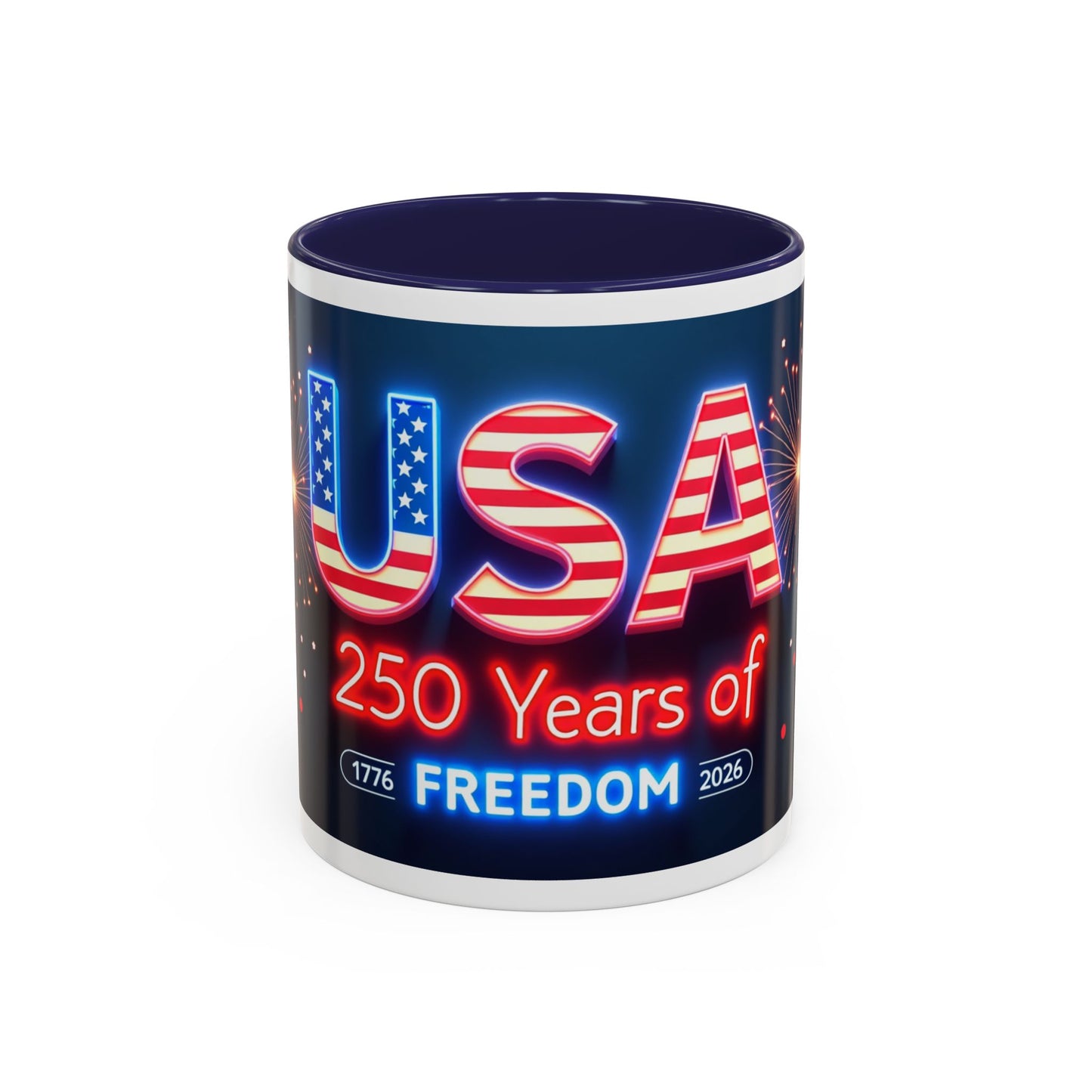 USA 250 Years of Freedom Accent Coffee Mug — Patriotic 1776–2026 Fireworks Design (11/15oz)