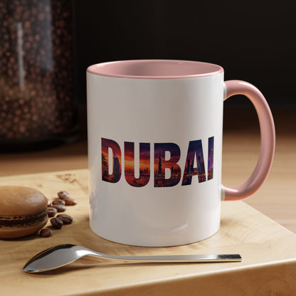 Dubai Skyline Accent Coffee Mug — Sunset City Photo Text (11/15oz)