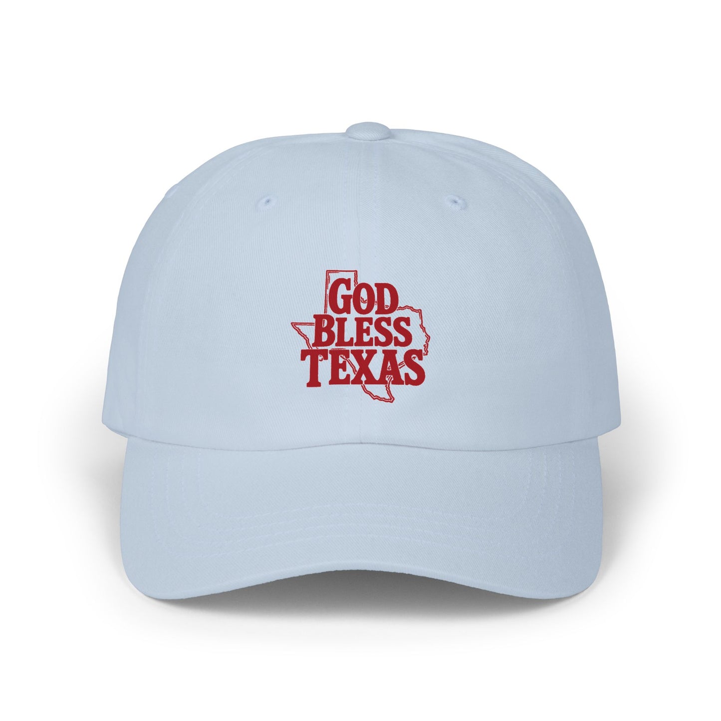 God Bless Texas Dad Cap — Embroidered Texas Outline Baseball Hat