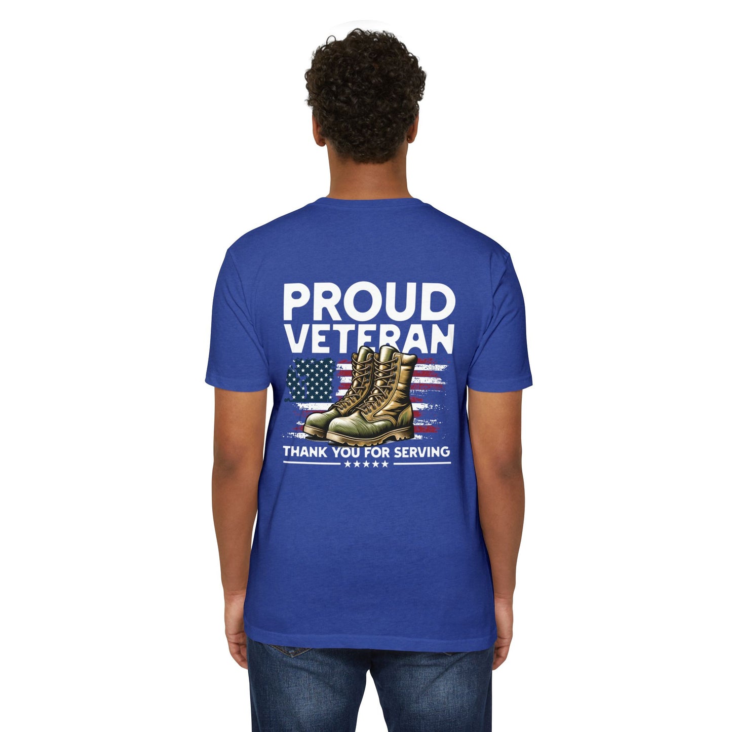Proud Veteran T-Shirt — "Proud Veteran" with Military Boots & American Flag — Thank You for Serving