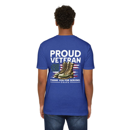 Proud Veteran T-Shirt — "Proud Veteran" with Military Boots & American Flag — Thank You for Serving
