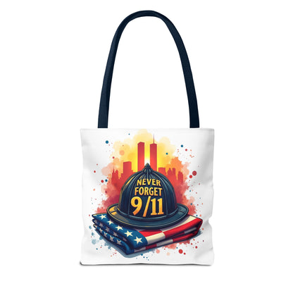 Never Forget 9/11 Memorial Tote Bag — Firefighter Helmet & Flag Tribute
