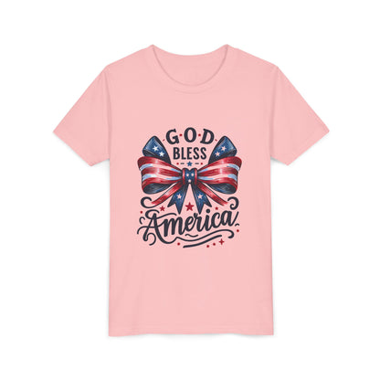 Youth Tee — "God Bless America" Patriotic Bow T-Shirt (4th of July, Memorial Day)
