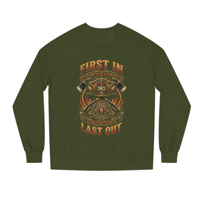 Firefighter Crewneck Sweatshirt — "First In, Last Out" Vintage Fire Department Design