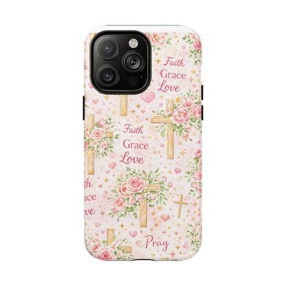 Christian Floral Cross Phone Case — "Faith Grace Love" Tough Magnetic Case