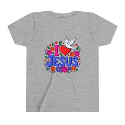 Youth Tee — "I  Jesus" Colorful Dove & Floral Christian Shirt