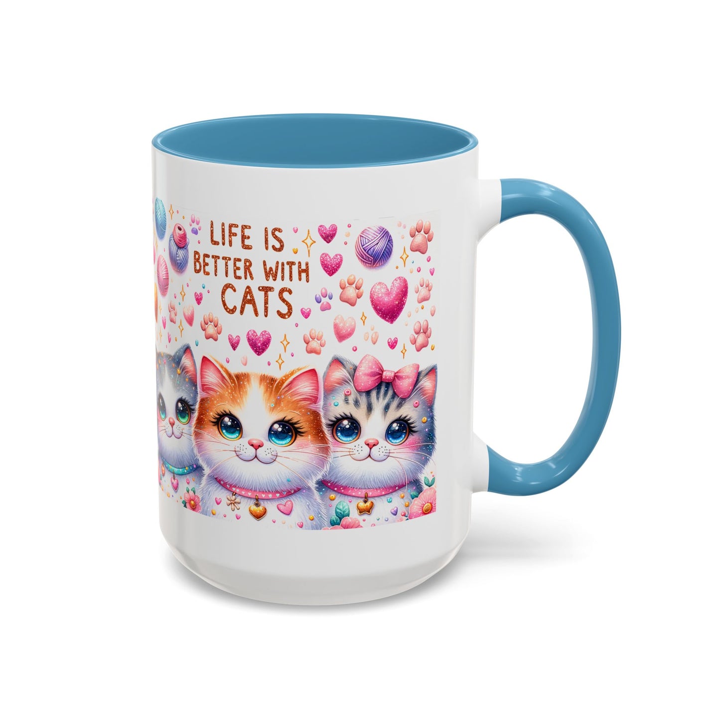Cat Lover Accent Coffee Mug — "Life Is Better With Cats" Cute Kittens Design (11/15oz)