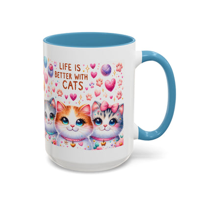 Cat Lover Accent Coffee Mug — "Life Is Better With Cats" Cute Kittens Design (11/15oz)