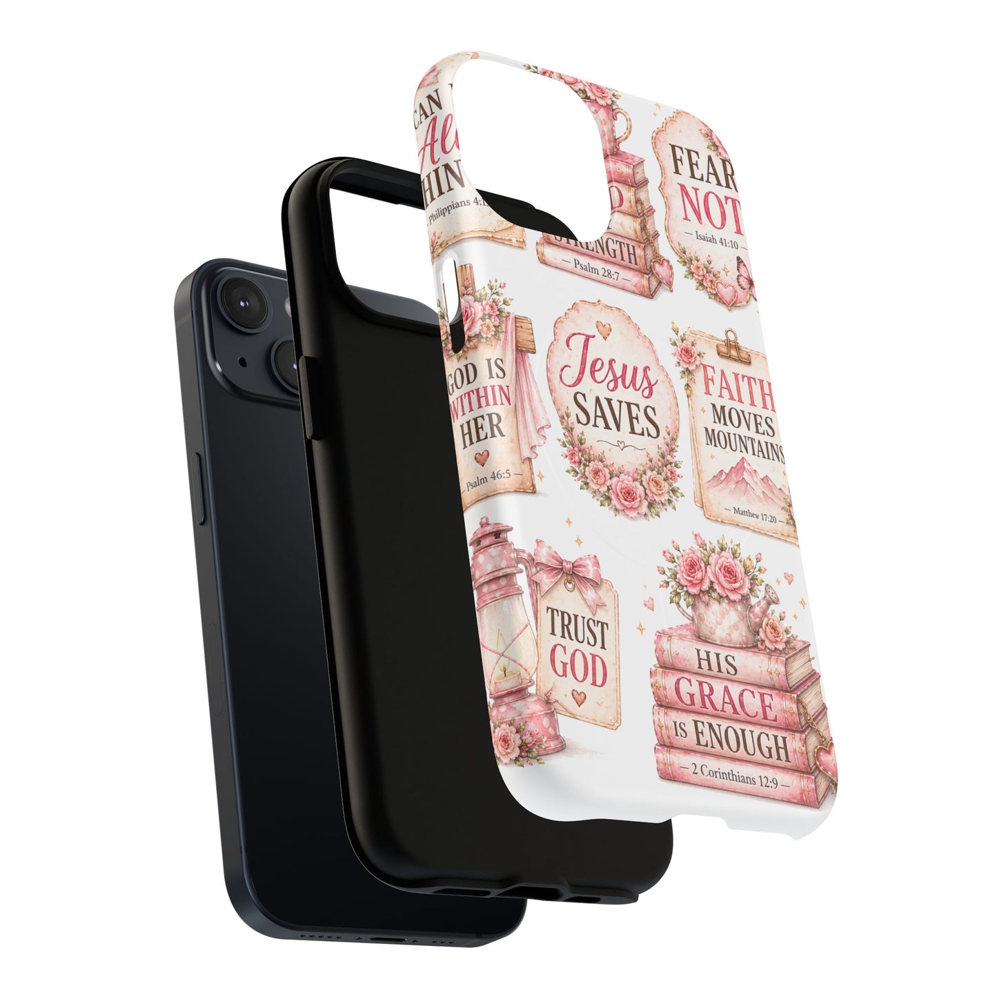 Christian Faith iPhone Tough Magnetic Case — 'Jesus Saves' Floral Scripture Design (Fear Not, Faith Moves Mountains)