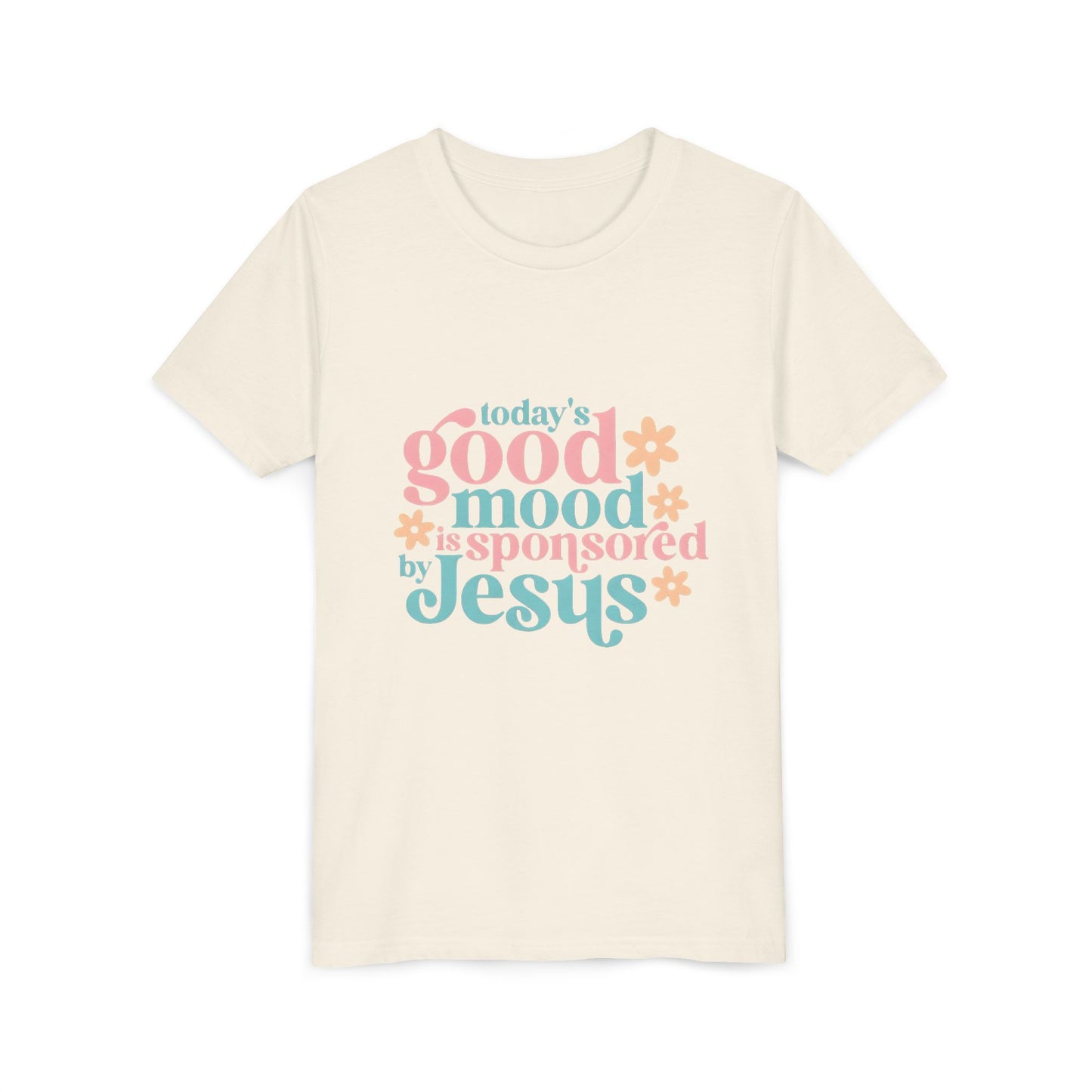 Youth Tee – "Today's Good Mood is Sponsored by Jesus" Retro Floral Christian Shirt