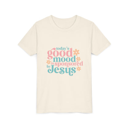 Youth Tee – "Today's Good Mood is Sponsored by Jesus" Retro Floral Christian Shirt