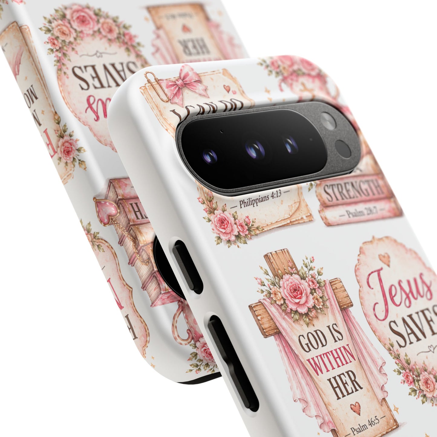 Christian Phone Case — Jesus Saves Floral Tough Case with 'God Is Within Her' & 'Trust God' Design