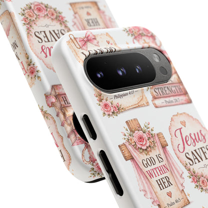 Christian Phone Case — Jesus Saves Floral Tough Case with 'God Is Within Her' & 'Trust God' Design