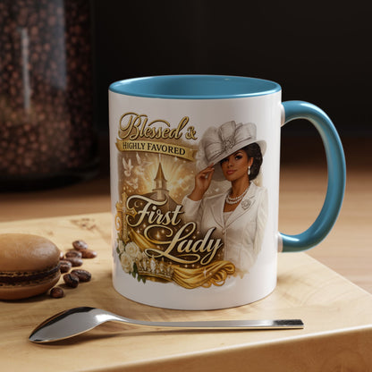 First Lady Inspirational Coffee Mug — "Blessed & Highly Favored" Accent Ceramic Mug