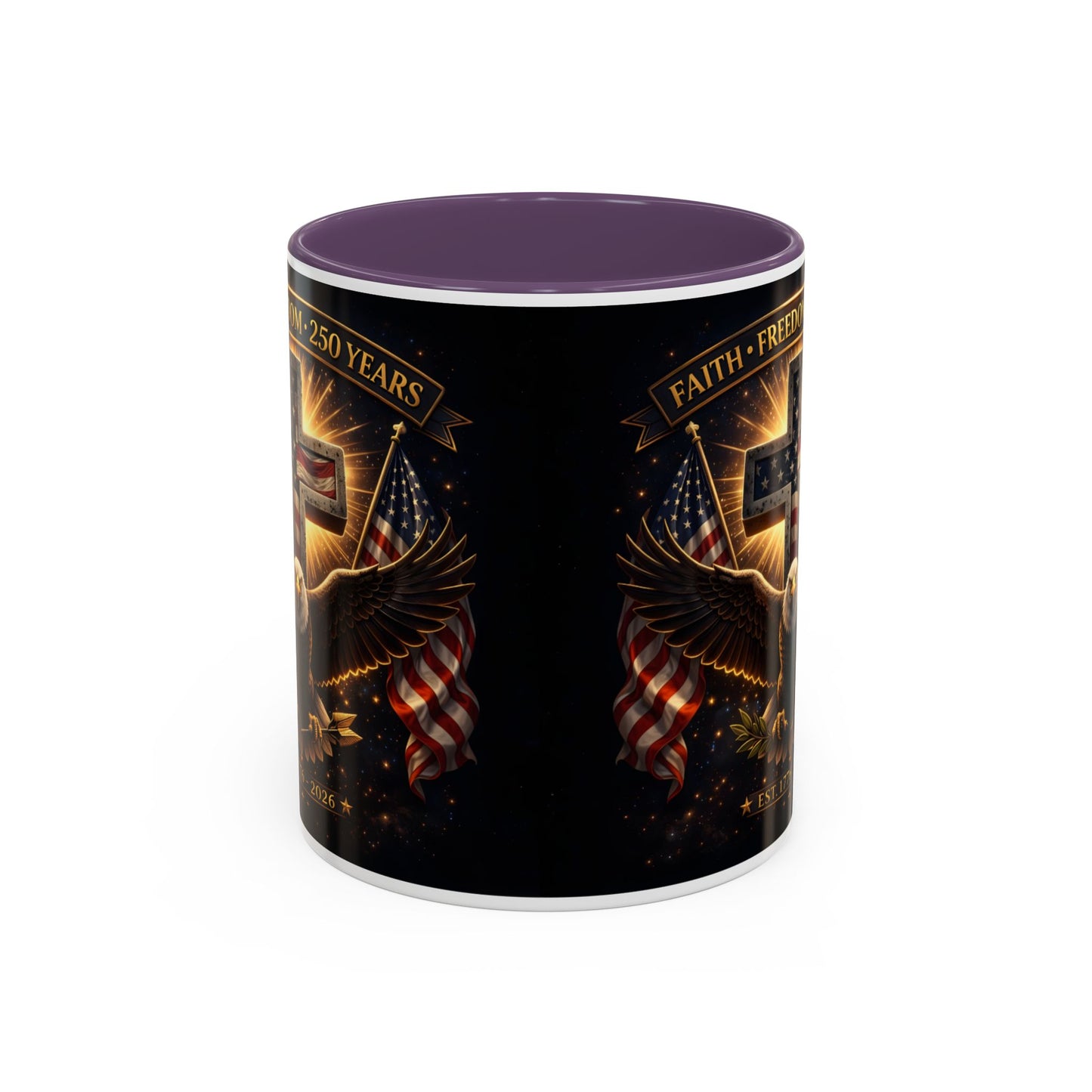 Patriotic Faith & Freedom Accent Coffee Mug — Eagle, Cross & American Flag (1776–2026)
