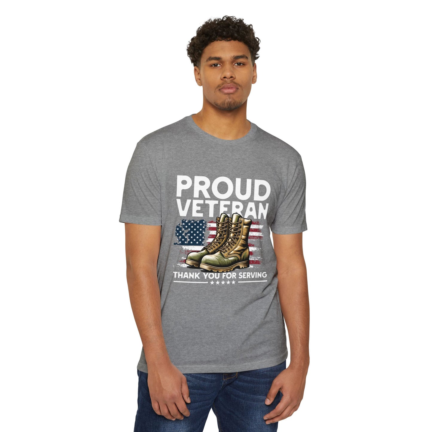 Proud Veteran T-Shirt — "Proud Veteran" with Military Boots & American Flag — Thank You for Serving