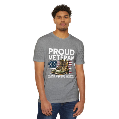 Proud Veteran T-Shirt — "Proud Veteran" with Military Boots & American Flag — Thank You for Serving